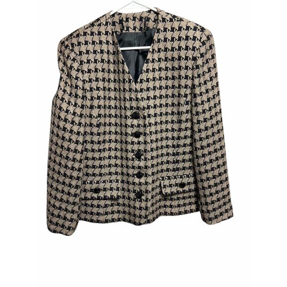 Vintage Tan Black Houndstooth Wool V-Neck Button Down Blazer - Picture 1 of 10